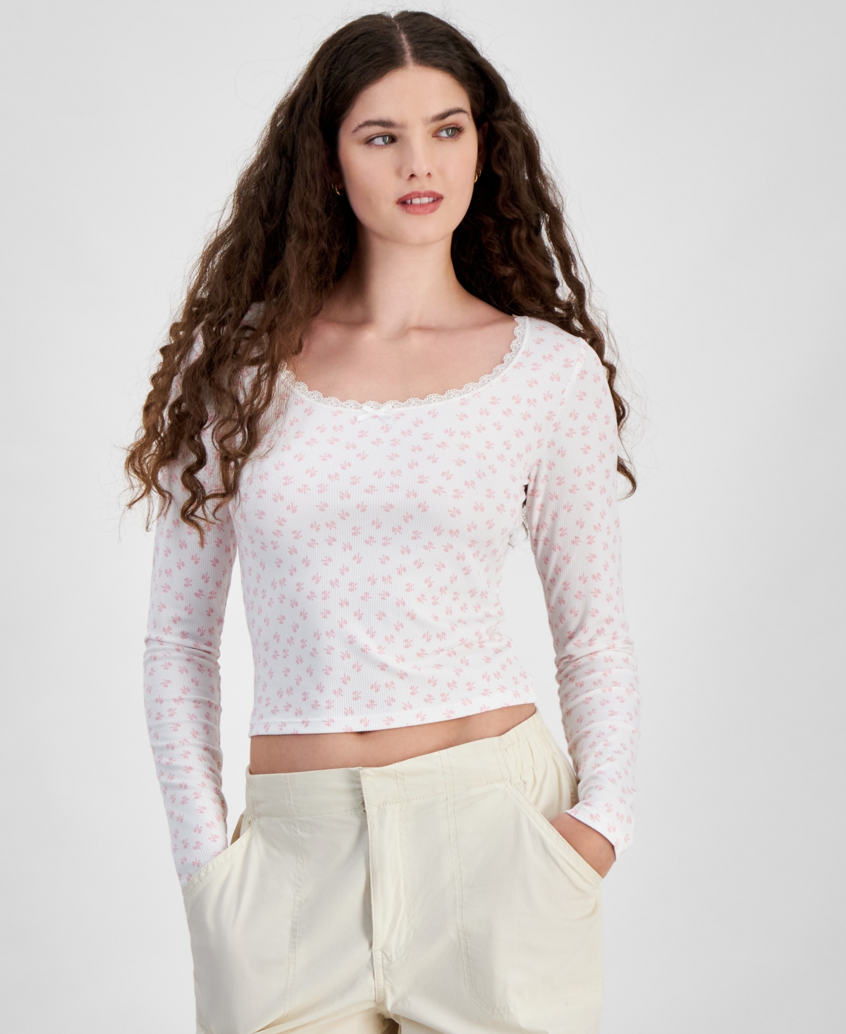Juniors' Ribbed Lace-Trim Scoop-Neck Top - Pink Bows