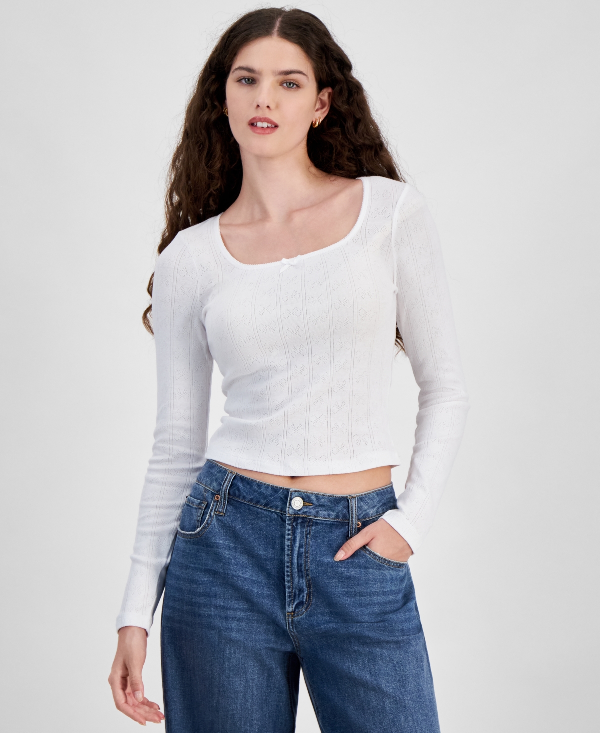Juniors' Bow Pointelle Scoop-Neck Top - Bright White