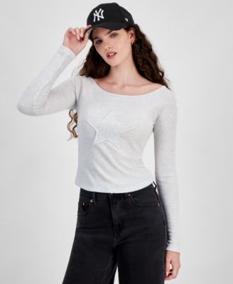 Juniors’ Star-Patch Rib-Knit Top