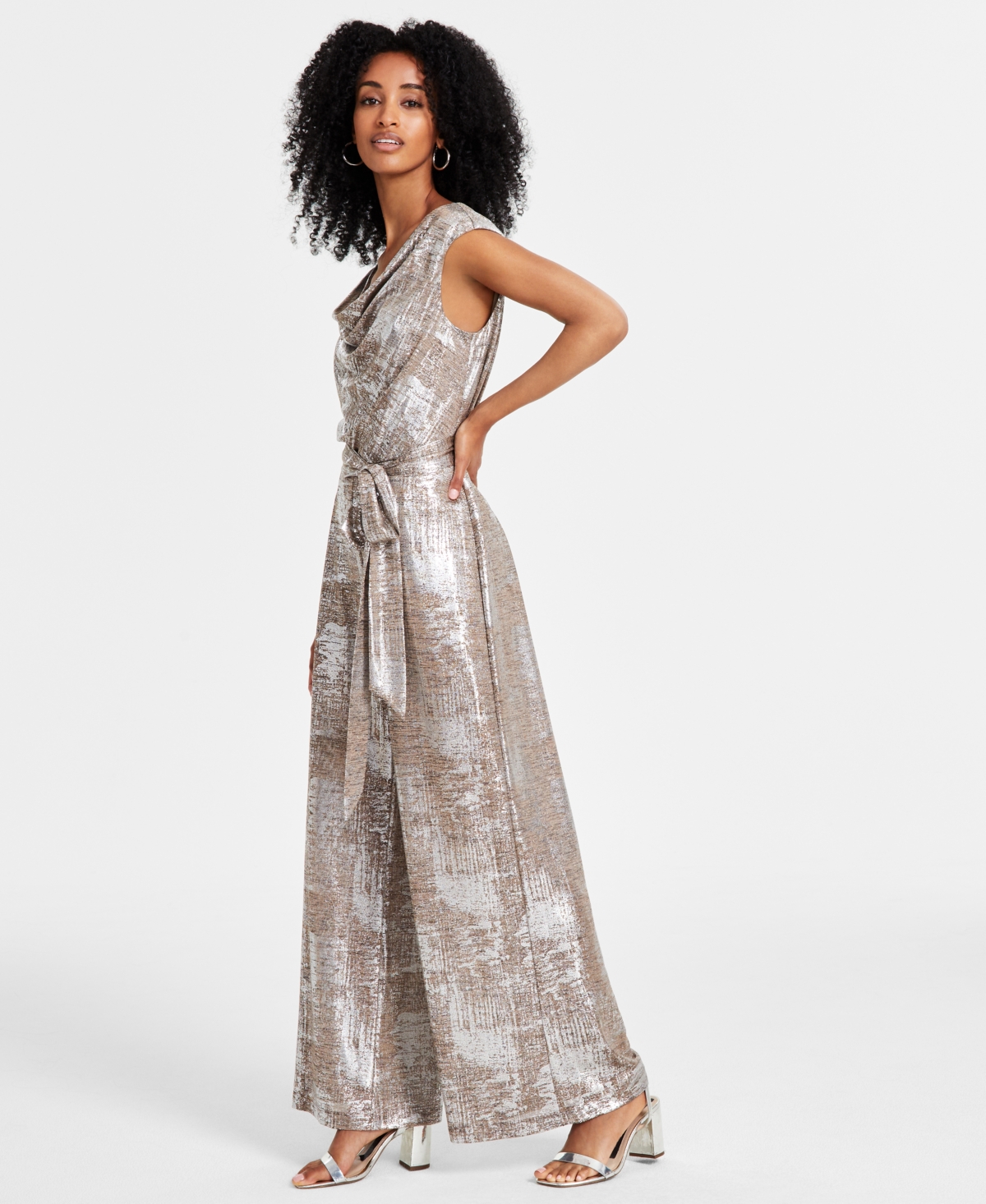 Connected Women's Metallic Cowl-Neck Jumpsuit -Silver