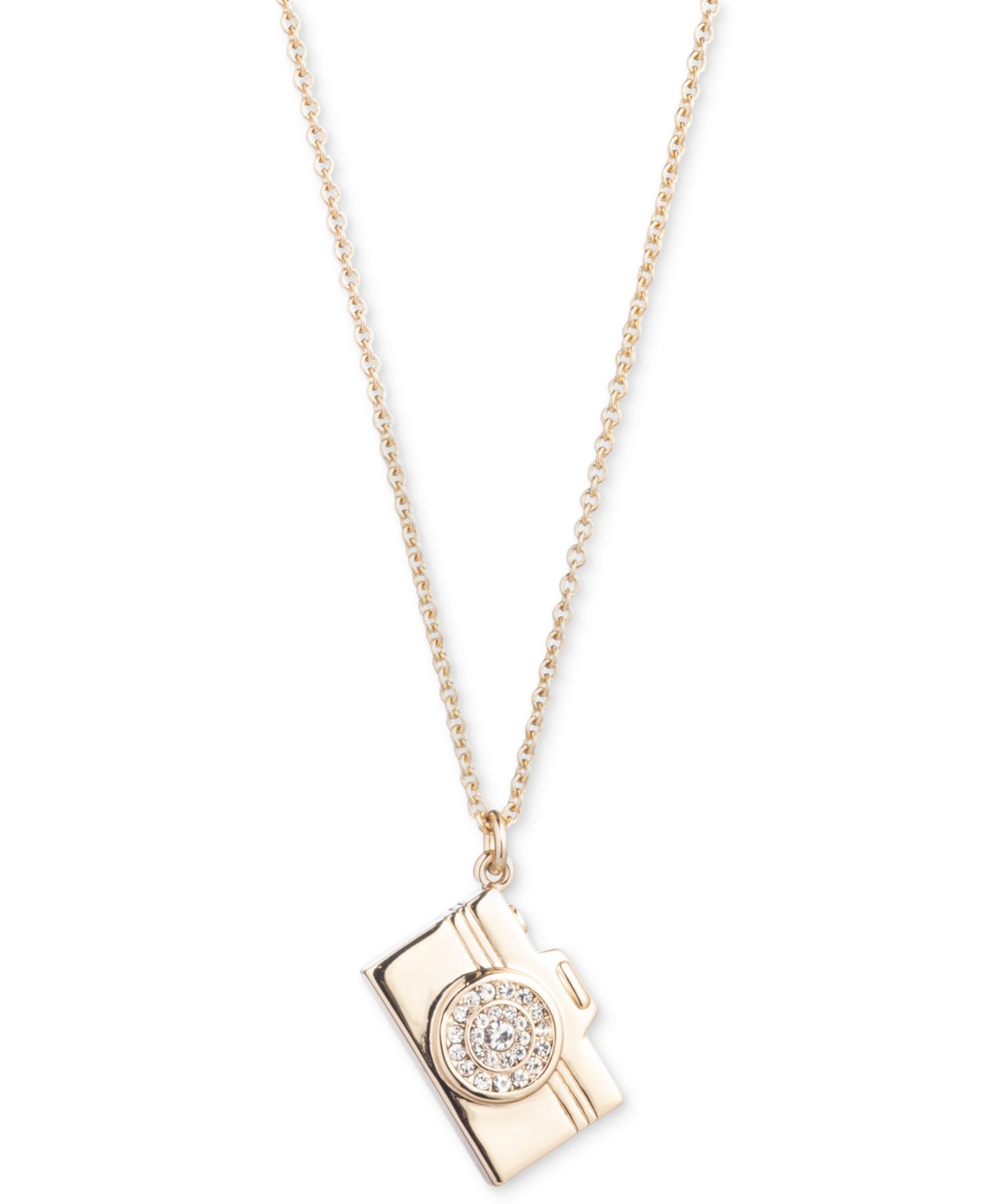 Gold-plated Pav&eacute; Camera Pendant Necklace, 16" + 3" extender