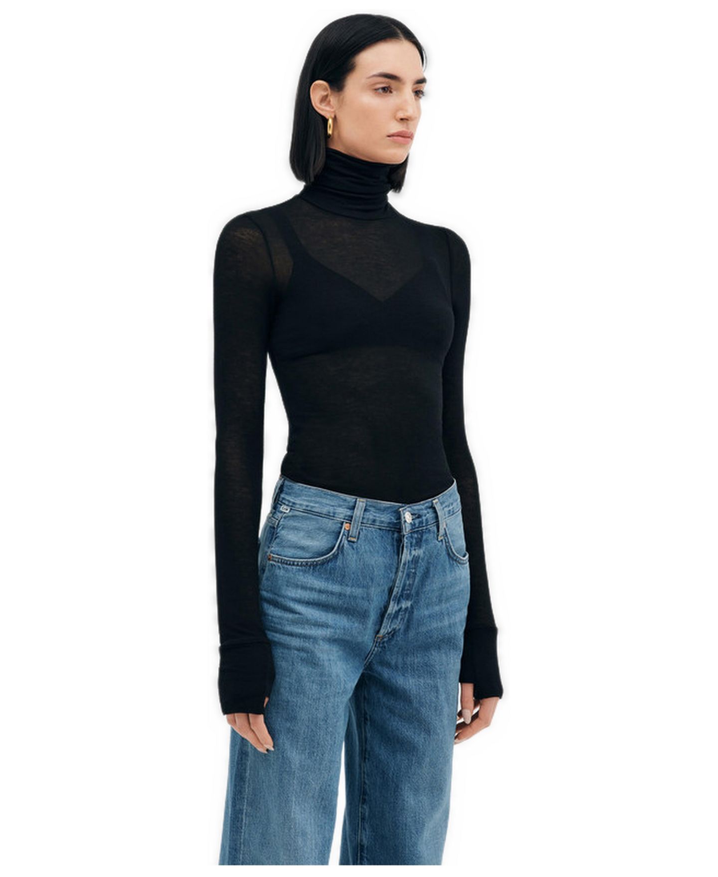Женский топ Marcella Eloise Extra-Long Sheer Jersey Fitted Turtleneck with Thumbholes, цвет: Чёрный — фото 3