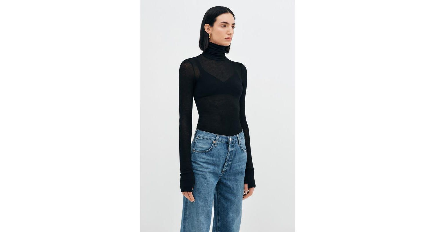 Women's Eloise Extra-Long Sheer Jersey Fitted Turtleneck with Thumbholes
