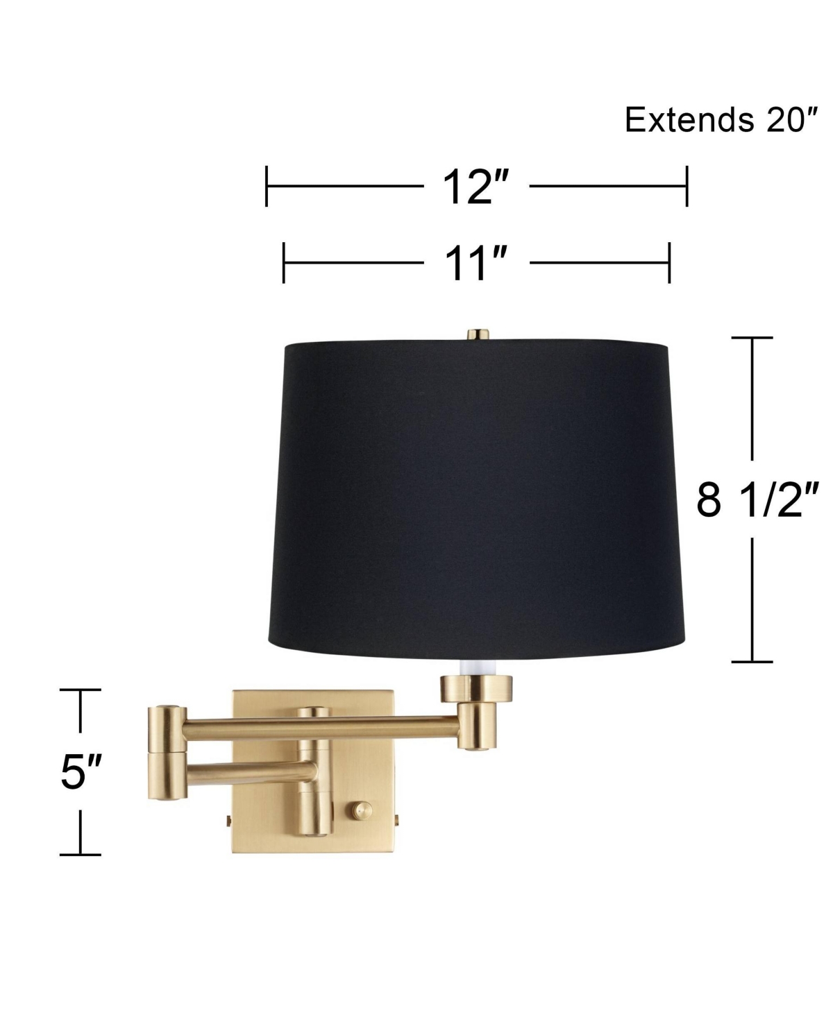 Barnes and Ivy Alta Swing Arm Wall Mounted Lamp Warm Antique Brass Plug-In Light Fixture Dimmable Black Fabric Drum Shade for Bedroom Bedside House Re