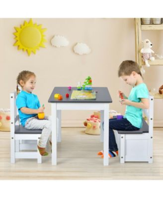 4 Pieces Kids Wooden Activity Table and Chairs Set with Storage Bench and Study Desk