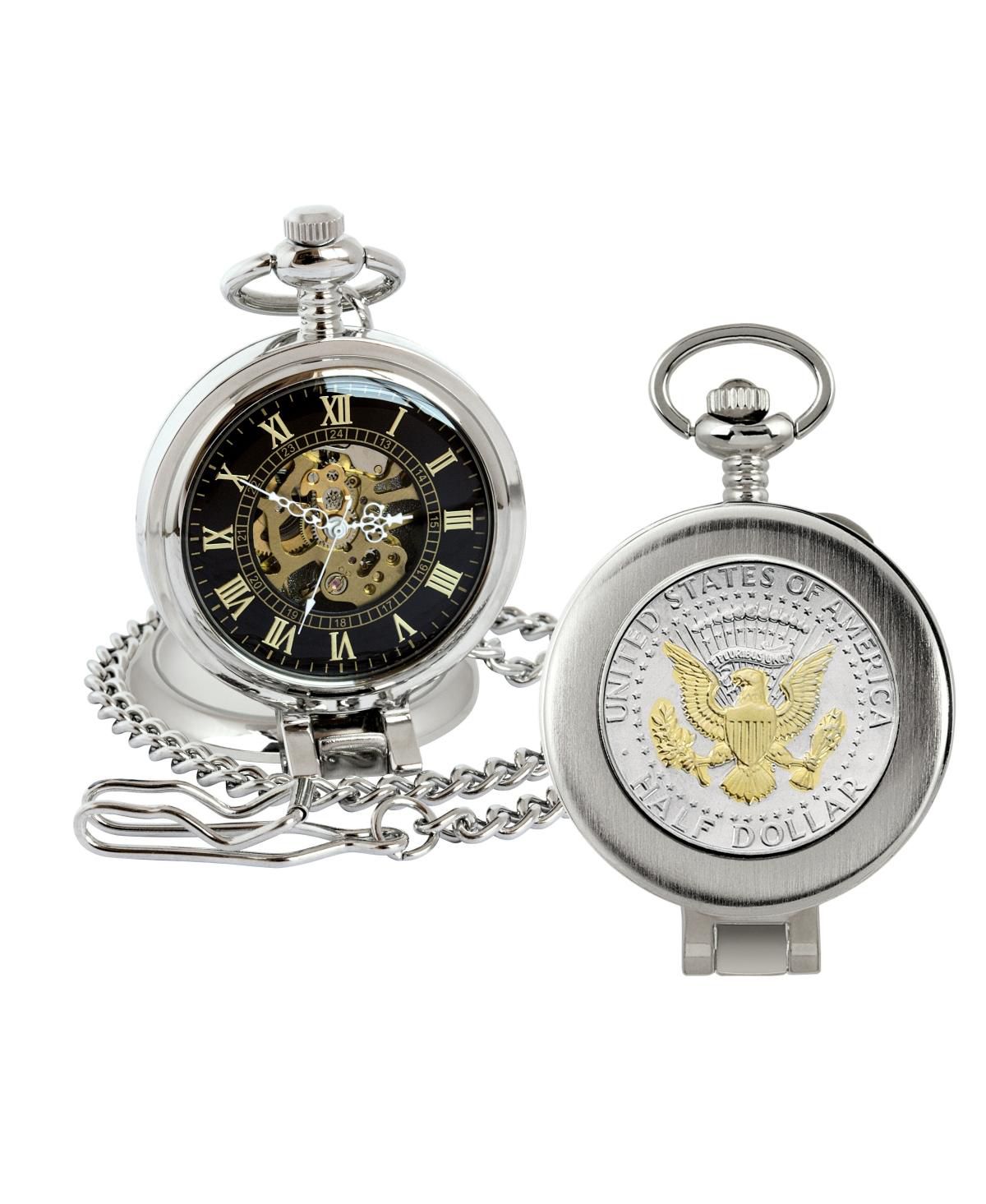 Карманные часы 16269 с президентской печатью Кеннеди и полудолларовой монетой в виде выборочной позолоты, механизм-скелетон, Черный циферблат с золотыми римскими цифрами - Увеличительное стекло