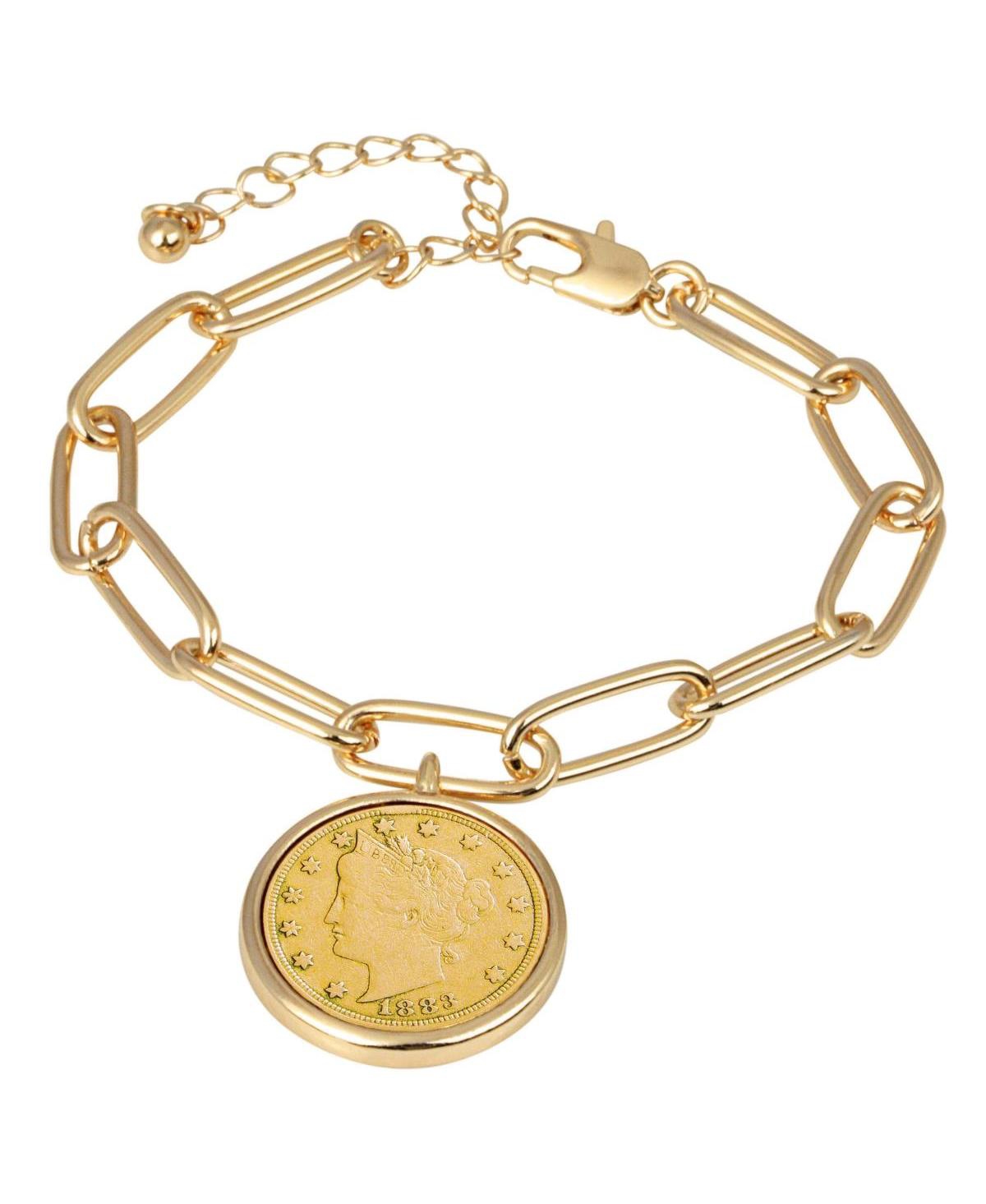 16460 Gold Layered Liberty Nickel Coin Goldtone Elongated Link Bracelet - Silver