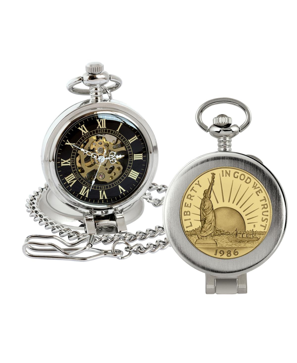 American Coin Treasures 16273 Statue of Liberty Commemorative Half Dollar Coin Pocket Watch with Skeleton Movement Black Dial with Gold Roman Numeral Smart Closet