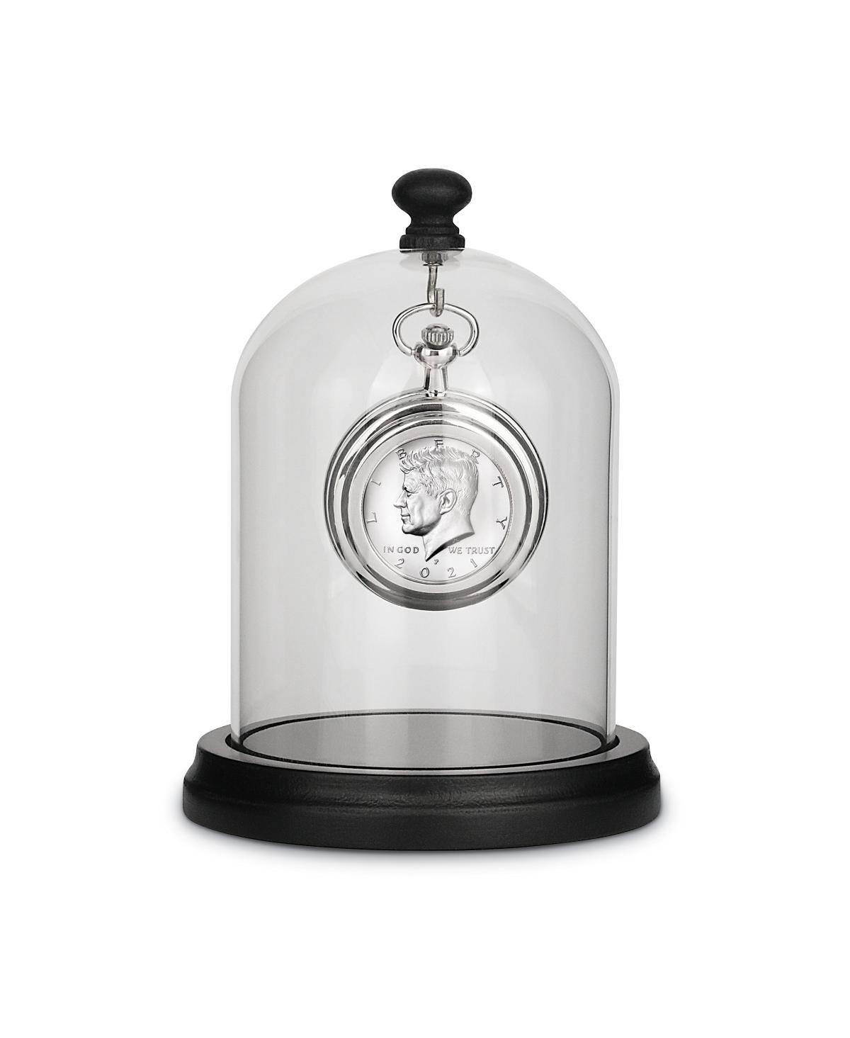 American Coin Treasures 17137 in. Glassed Dome with Pine Wood Base & Jfk Half Dollar Coin Pocket Watch Tabletop Decor, Silver