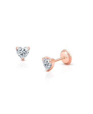 14K Gold Clear Heart Studs Screw Back Earrings
