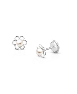 14K Gold Petals and Pearls Studs Screw Back Earrings
