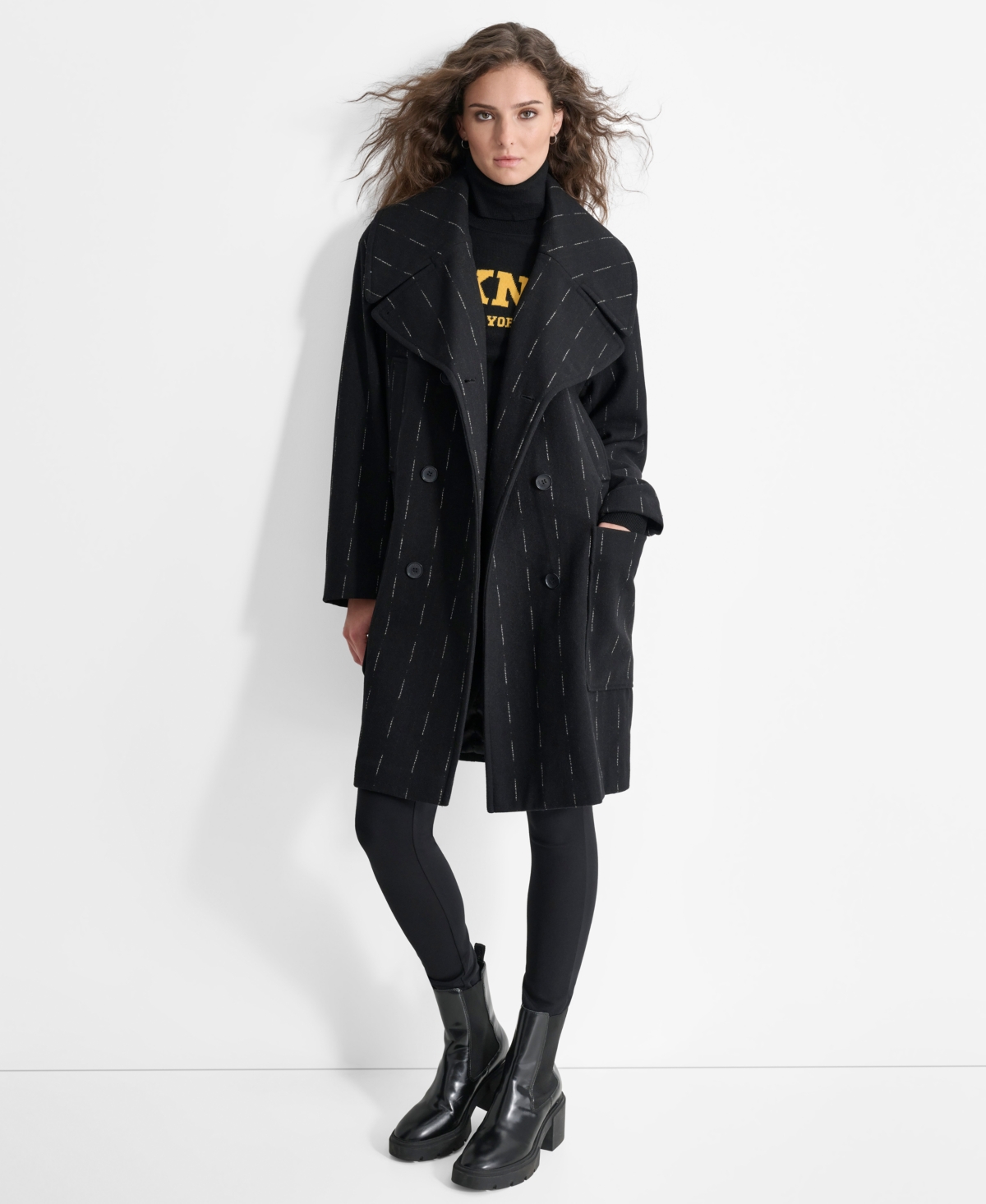 Dkny Women's Broken-Stripe Long-Sleeve Oversized Coat