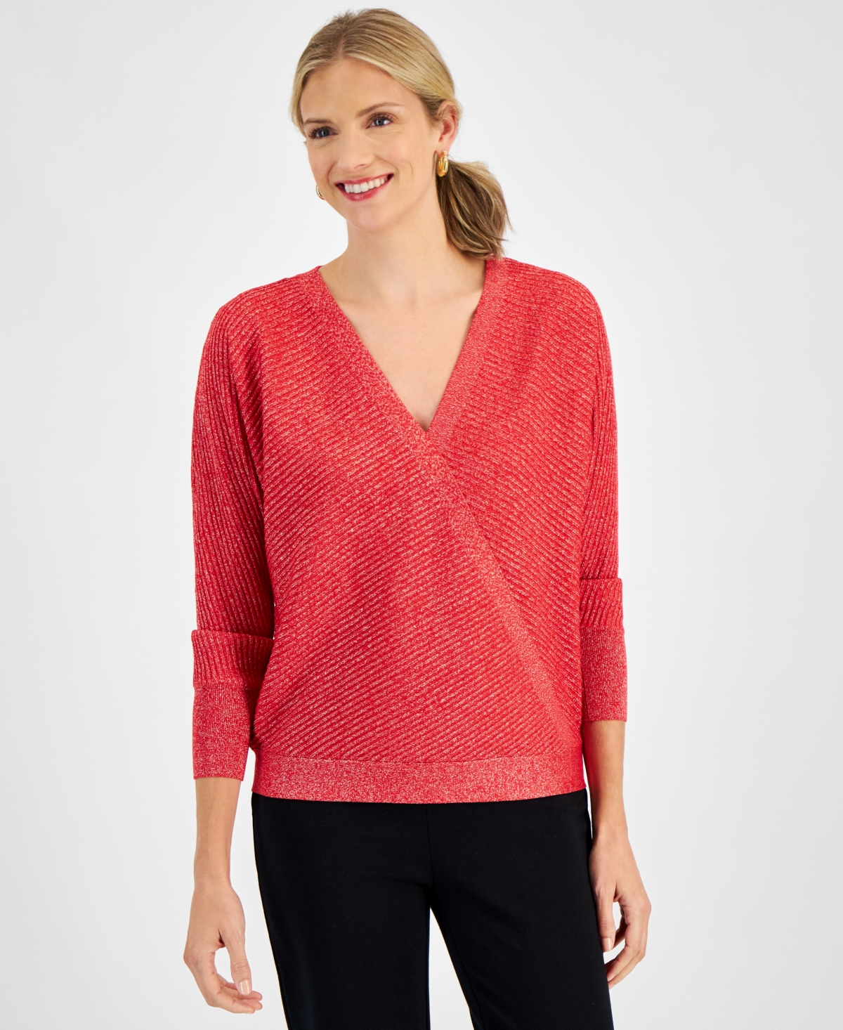 JM COLLECTION WOMEN'S FAUX-WRAP LONG-SLEEVE SPARKLE SWEATER, CREATED FOR MACY'S 