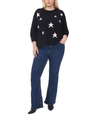 Plus Size Cozy Crewneck Star-Print Dropped-Shoulder Sweater