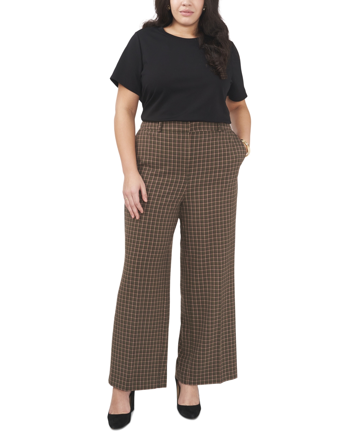 Vince Camuto Plaid Wide Leg Pants In Light Olive