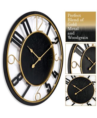 24" Modern Wooden Wall Clock - Sleek Design, Analog Display - Complements Various Styles (Black)