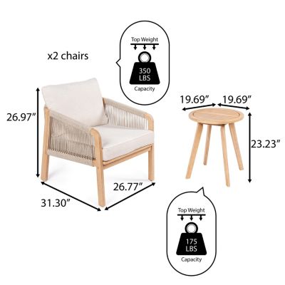 Aveiro 3-Piece Modern Bohemian Roped Corner Acacia Wood Conversation Outdoor Patio Set with Cushions