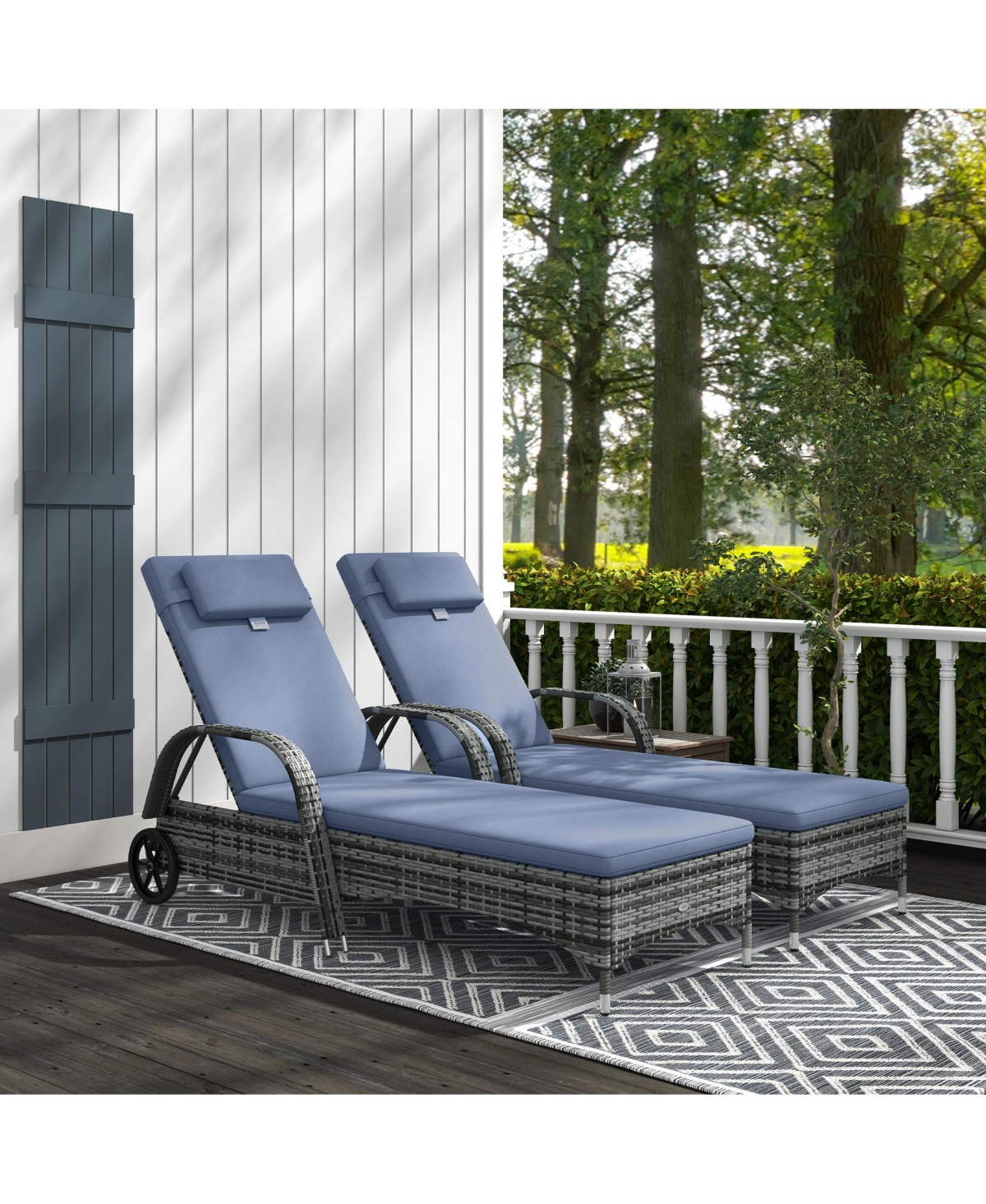 Outsunny Outdoor Pe Rattan Sun Bathing Chair w/ Cushion & Pillow, Brown/Dark Blue - gray
