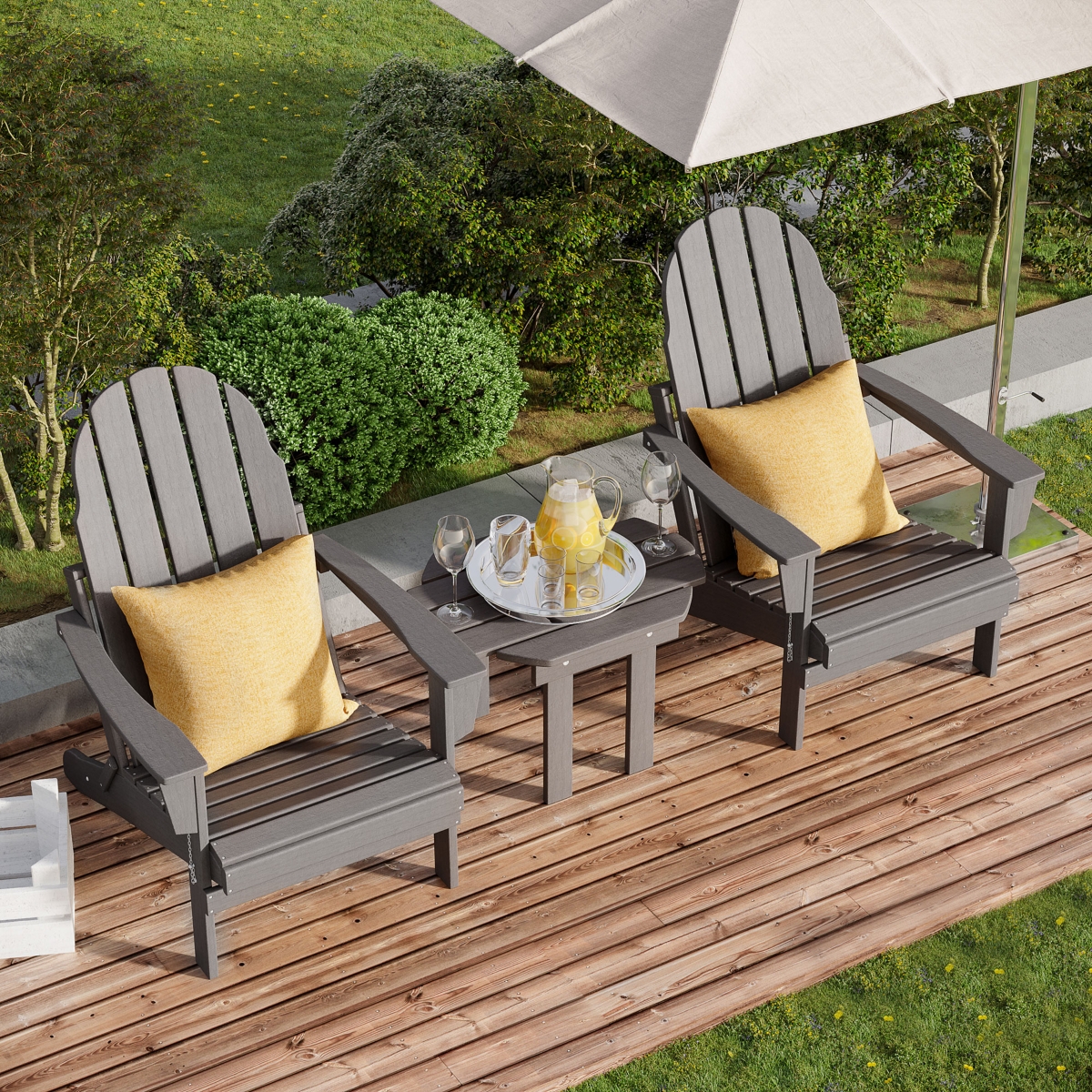 Outsunny 3pc Outdoor Folding Patio Furniture Set, 2 Adirondack Chairs, Table,- Dark grey
