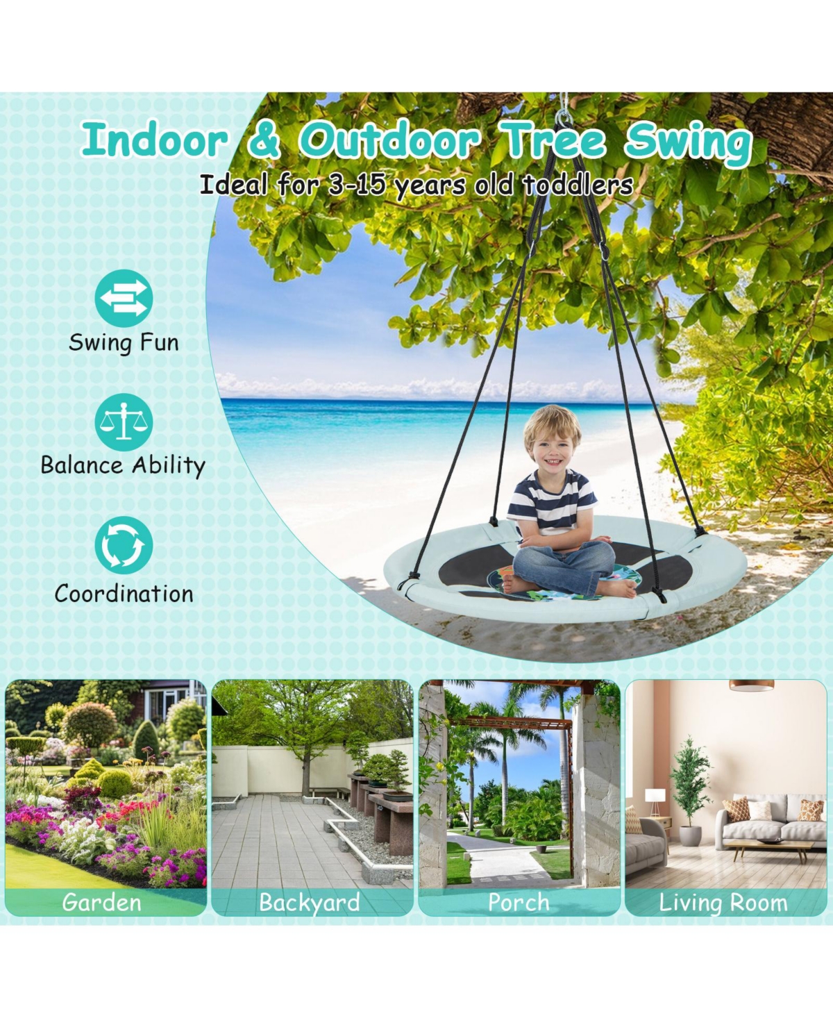 Slickblue Toddler Inches Saucer Tree Swing with Adjustable Hanging Ropes and 900D Oxford Fabric- Forest