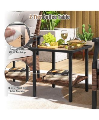 5 PCS Patio Furniture Set with 2-Tier Coffee Table & 2 Ottomans Cushions Included