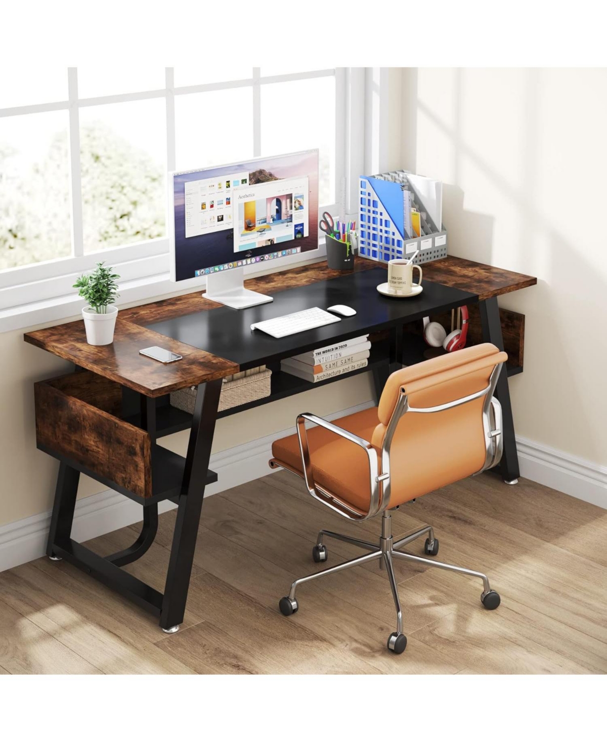 Tribesigns inch Computer Desk Modern Office Desk with Shelf for Home Office, Large Writing Table Wood Business Workstation with Storage Shelves and