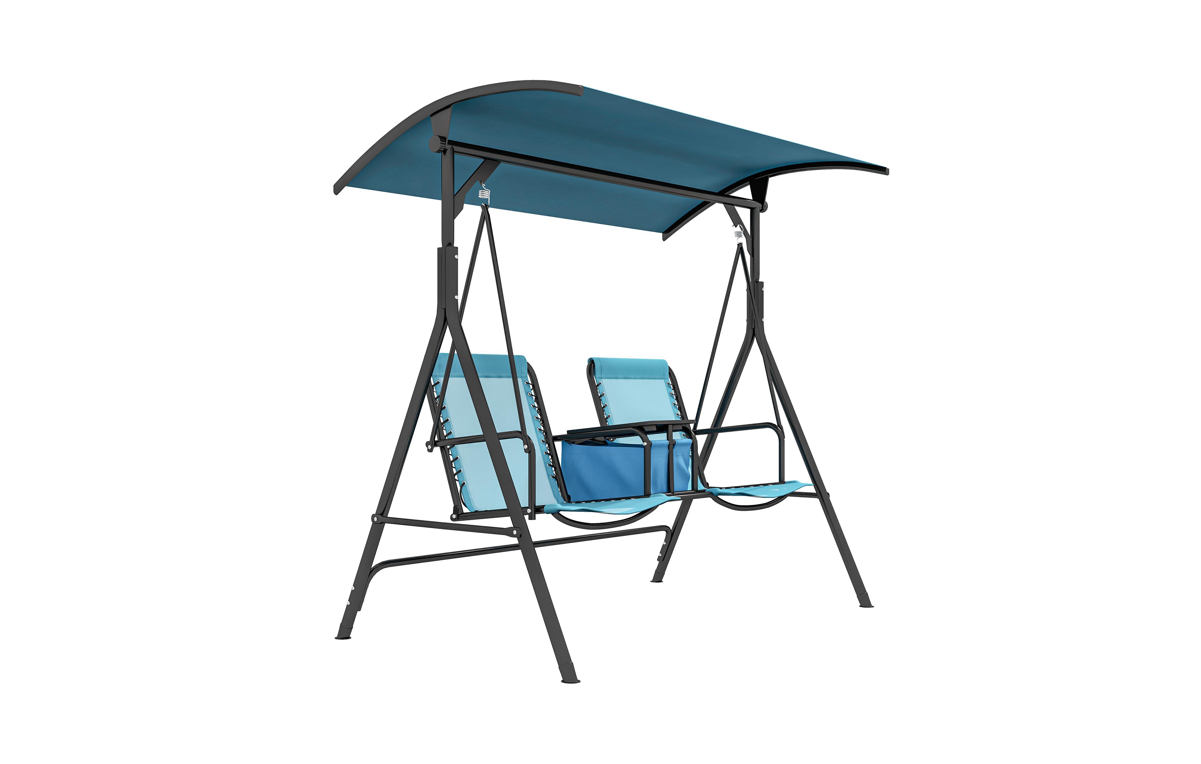 Outsunny 2 Person Porch Swing with Canopy, Storage Table, Cup Holder, Blue
