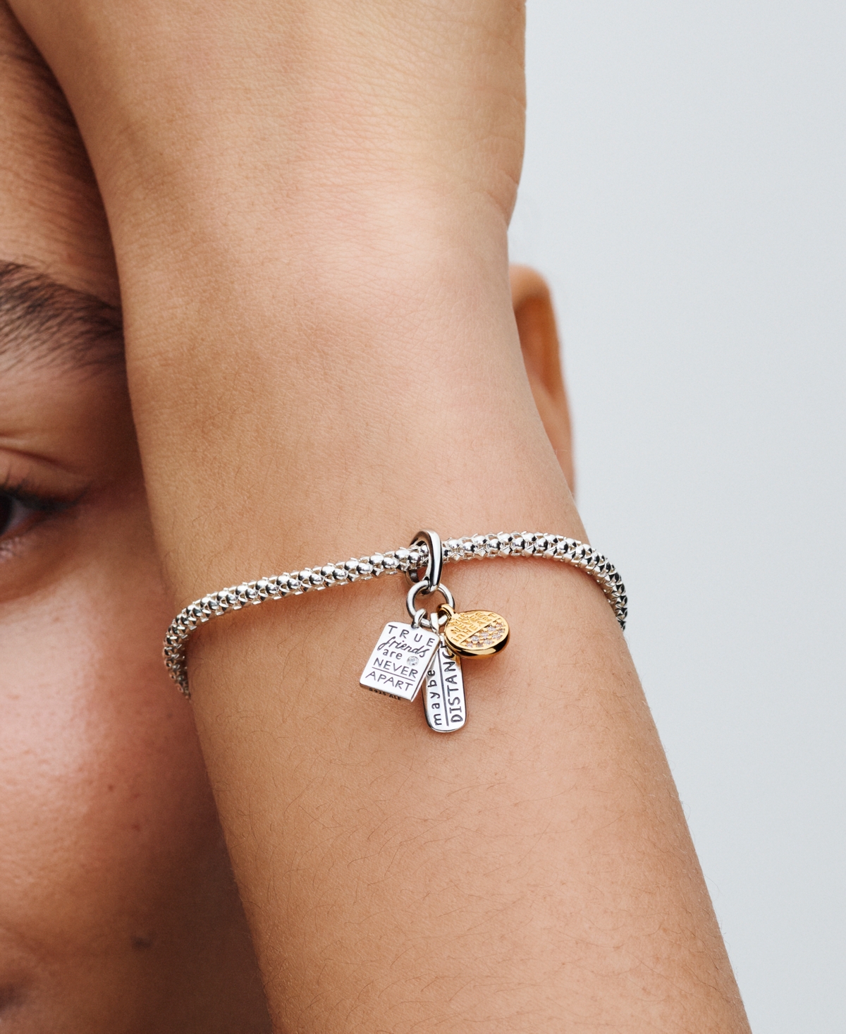 Pandora Sterling Silver And 14k Gold-plated Unique Metal Blend Friendship Triple Dangle Charm In Silver  Gold