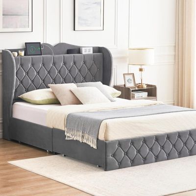 Upholstered Velvet Bed Frame With 4 Storage Drawers and Charging Station, Button Tufted Platform Bed With Wingback Headboard Shelf, Heavy Duty, No Box Spring Needed, Easy Assembly, King Size, Grey