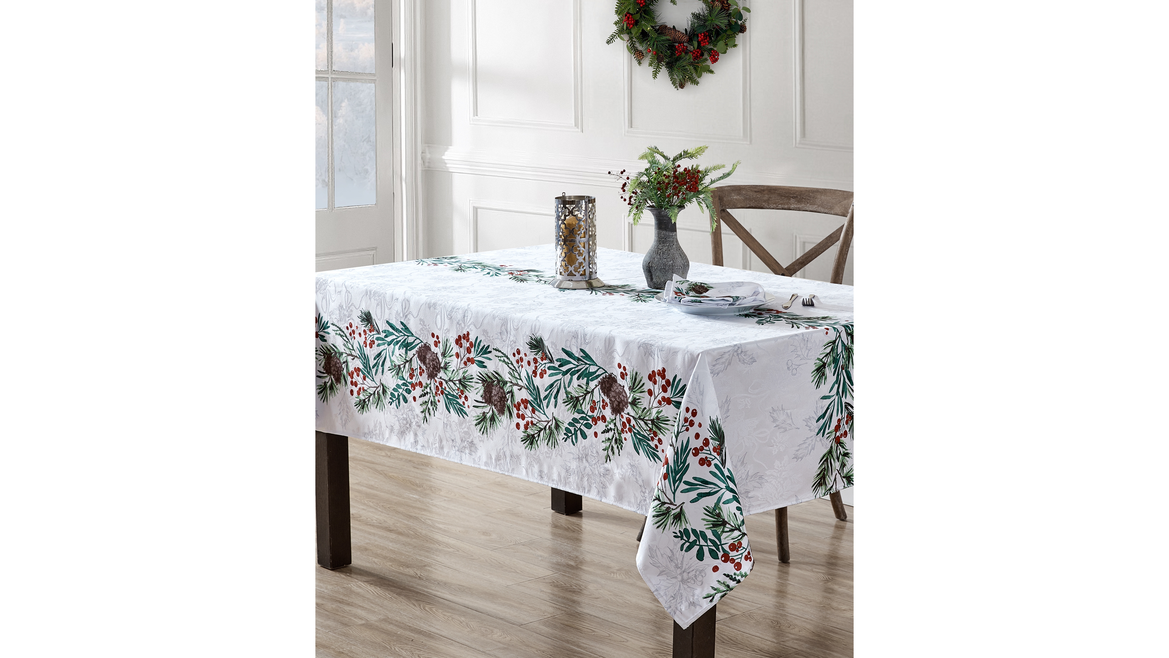 Elrene Holly Berry Flourish Holiday Fabric Rectangle Tablecloth, 120"x 60"