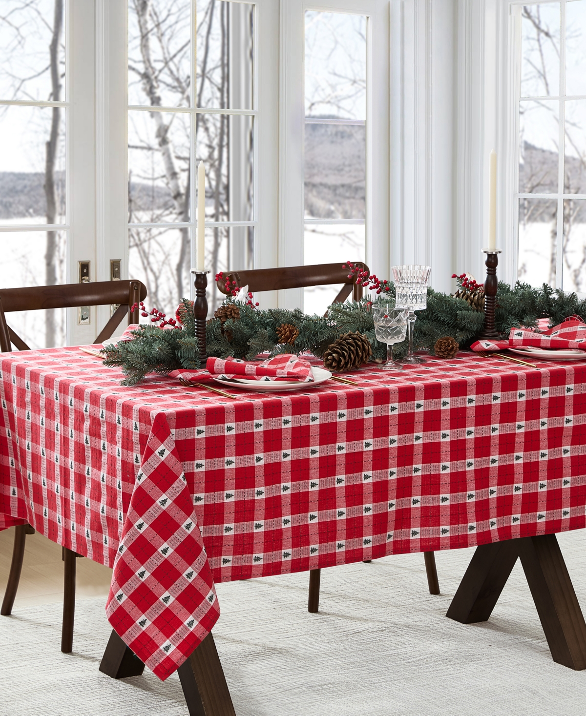 Elrene Sherwood Tree Dobby Cotton Rectangle Tablecloth, 70"x 52" In Red