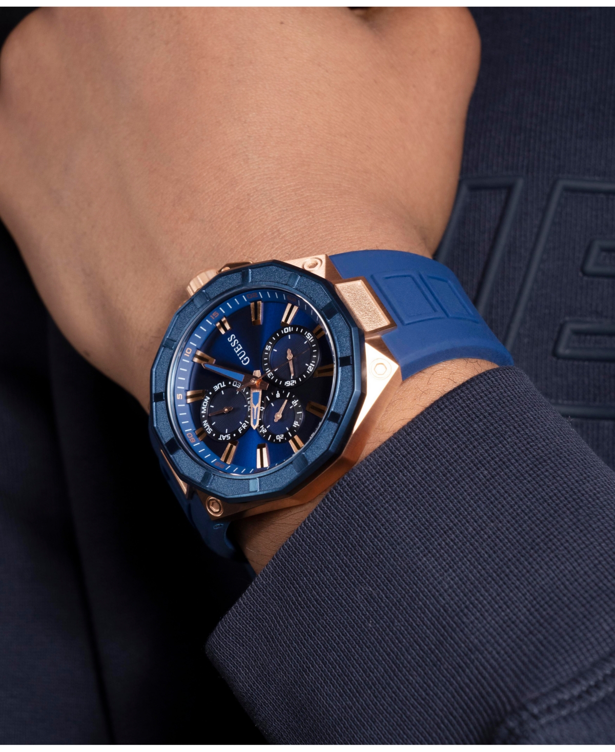 Guess Men's Multi-function Blue Silicone Watch 46mm In Blue