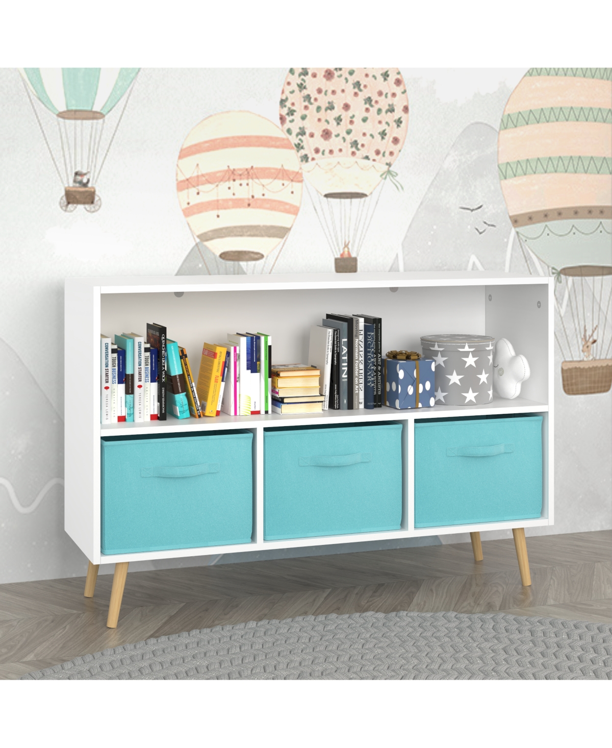 Simplie Fun Kid's Bookshelf with Cloth Drawers, White Mdf and Pine, Safety Buckle