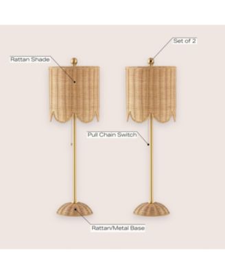 Celerie 27.5" Coastal Bohemian Rattan/Iron Scalloped Buffet LED Table Lamp with Pull Chain, Natural/Brass Gold (Set of 2)