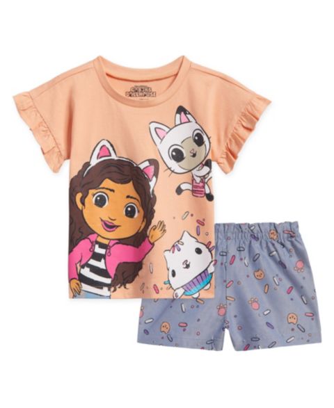 Детский комплект Gabby's Dollhouse Toddler Girls T-Shirt and Chambray Shorts Set, цвет: Персиковый синий шамбре