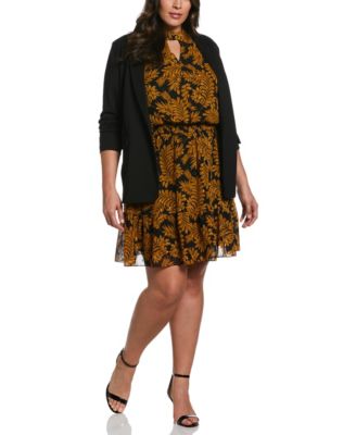 Plus Size Metallic Leaves Print Long Sleeve Dress