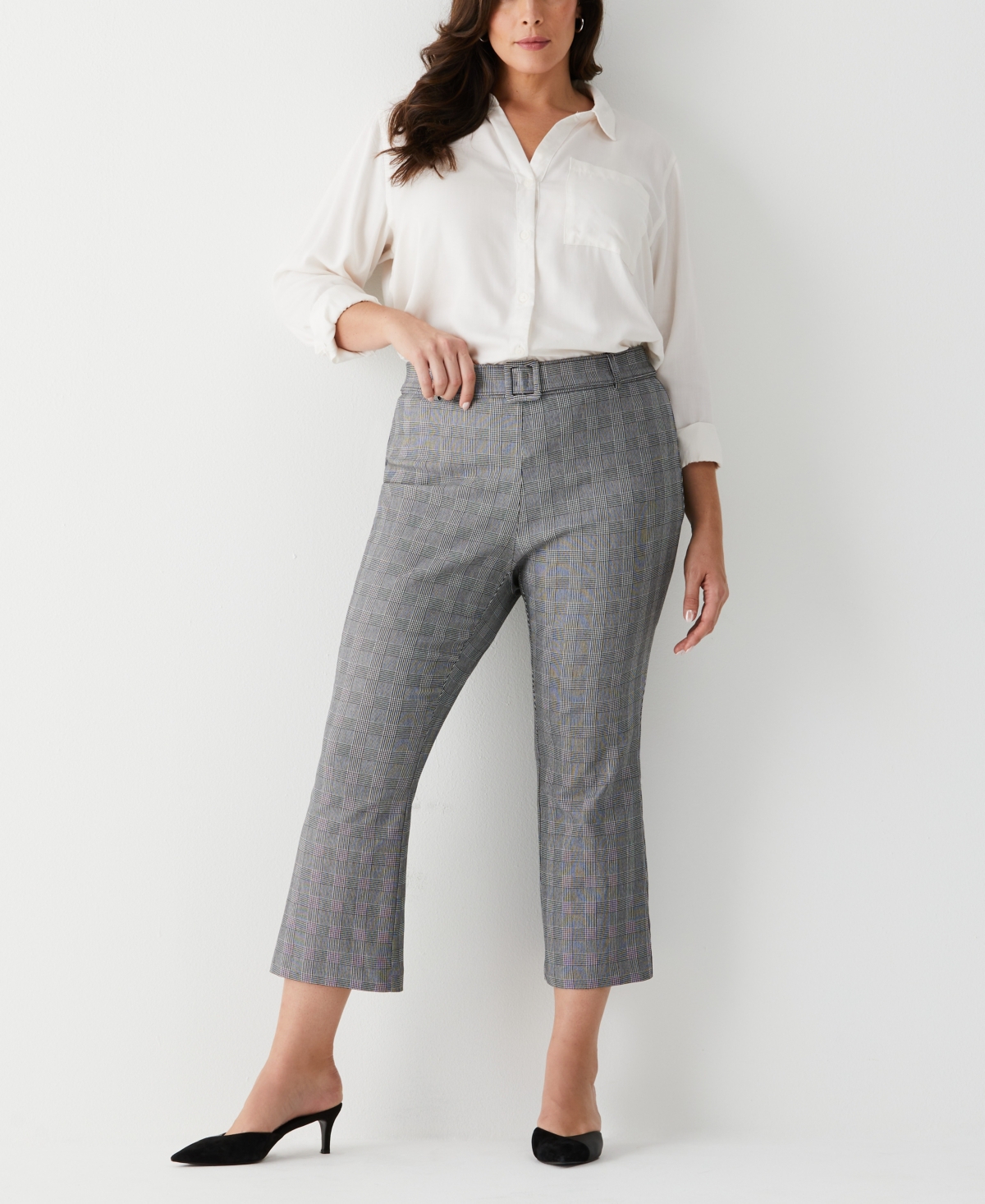 ELLA RAFAELLA PLUS SIZE PLAID CROP BOOTCUT PANT WITH BELT 