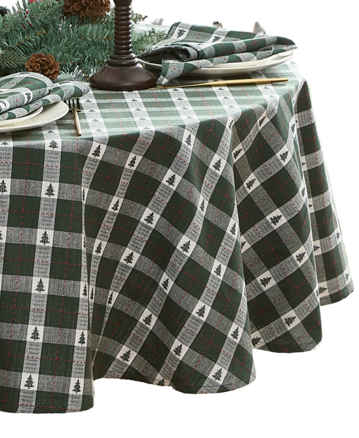 Elrene Sherwood Tree Dobby Cotton Oval Tablecloth, 84"x 60" In Green