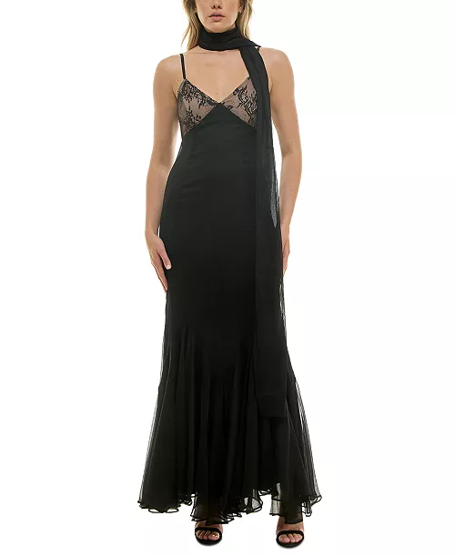 women's lace-bodice chiffon ruffled-hem gown