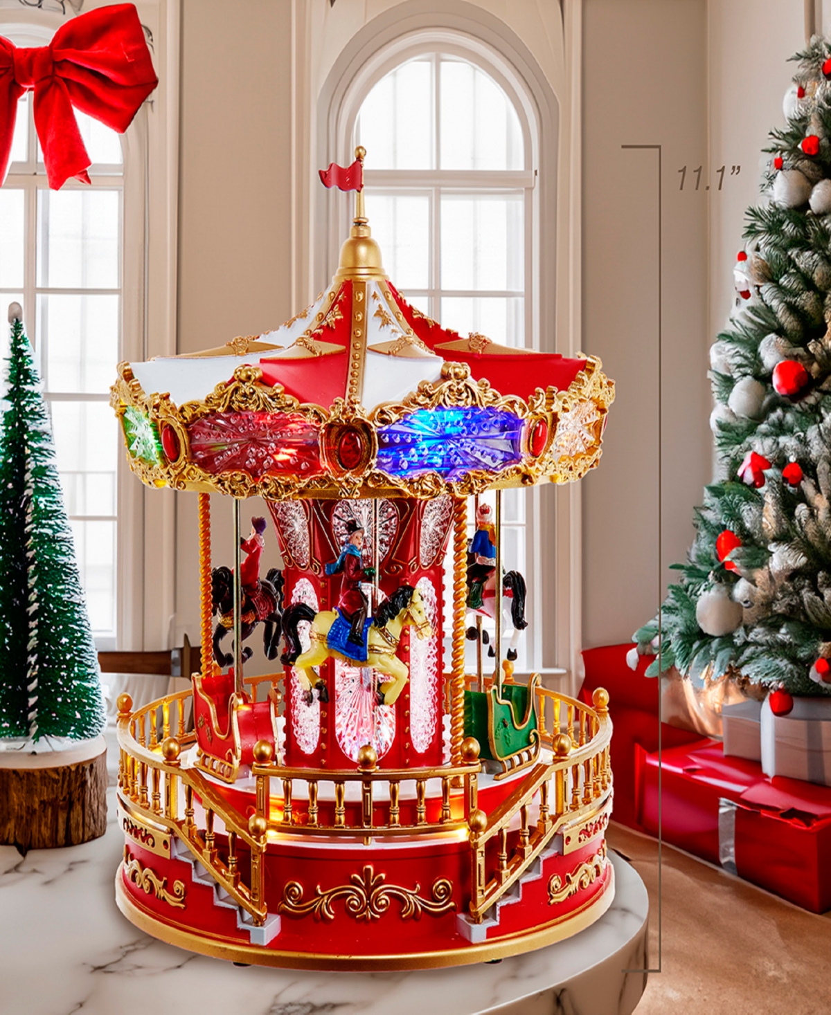 Kurt Adler 11.1-inch Battery Operated Led Lighted Musical Santa Carousel With Motion Table Piece In Red