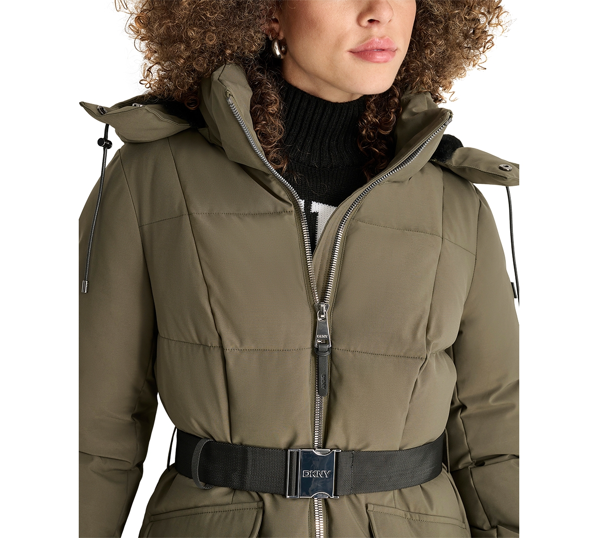 DKNY WOMENS MAXI BELTED HOODED PUFFER COAT 
