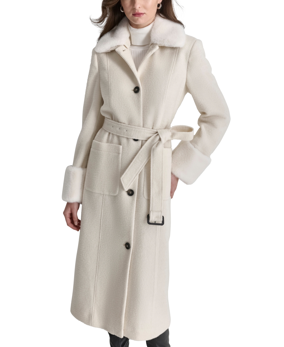 Dkny Women's Faux-Fur-Trim Single-Breasted Belted Coat
