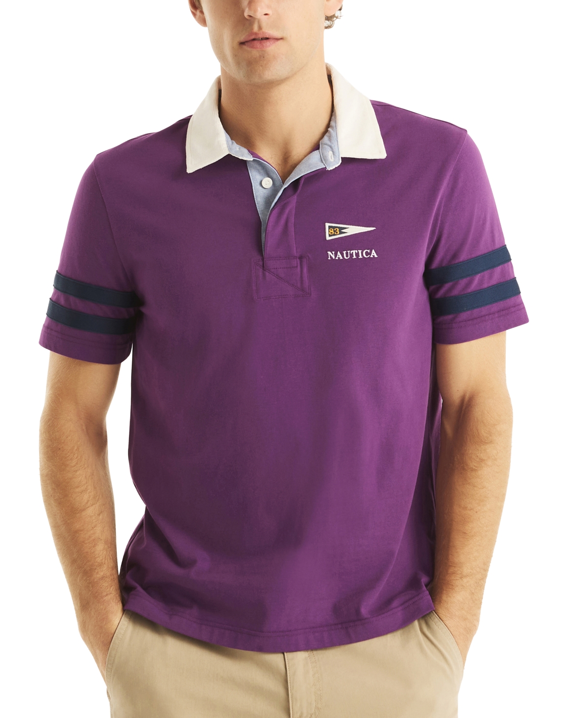 Men's Short Sleeve Striped-Trim Rugby Polo Shirt - Imperial Purple