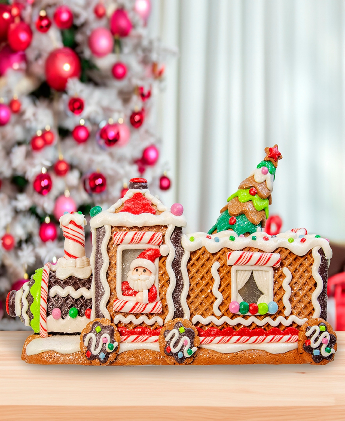 Kurt Adler 7-inch Led Gingerbread Train With Tree Table Piece In Brown