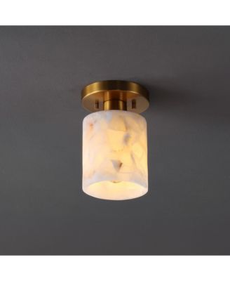 Jules 5.13" 1-Light Modern Contemporary Alabaster/Iron Cylinder LED Semi Flush Mount, White Marbling/Brass Gold