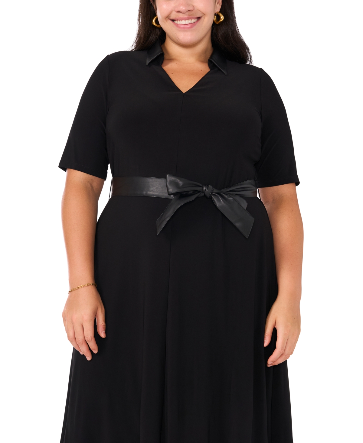 Msk Plus Size Belted Fold-Collar Split-Neck Dress - Black 001