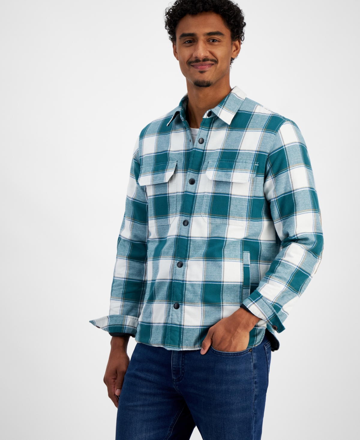 Men's Aviv Long Sleeve Snap-front Plaid Shirt Jacket, Created For Macy's In  Green Tourmalin