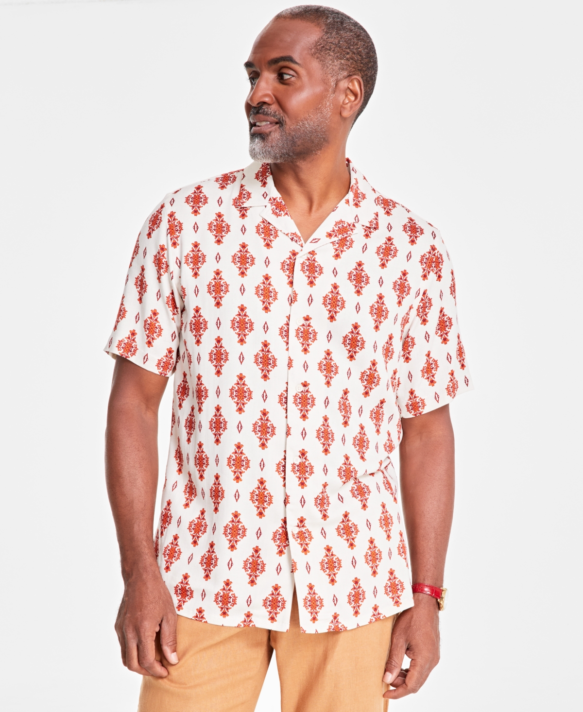 Club Room Men's Geometric Print Silk-Blend Short-Sleeve Button-Down Shirt, Created for Macy's