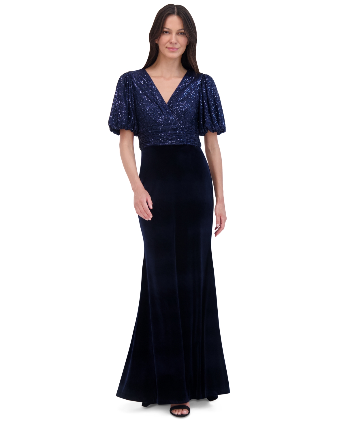 Eliza J Women s Sequined Velvet Puff Sleeve Gown Navy Smart Closet