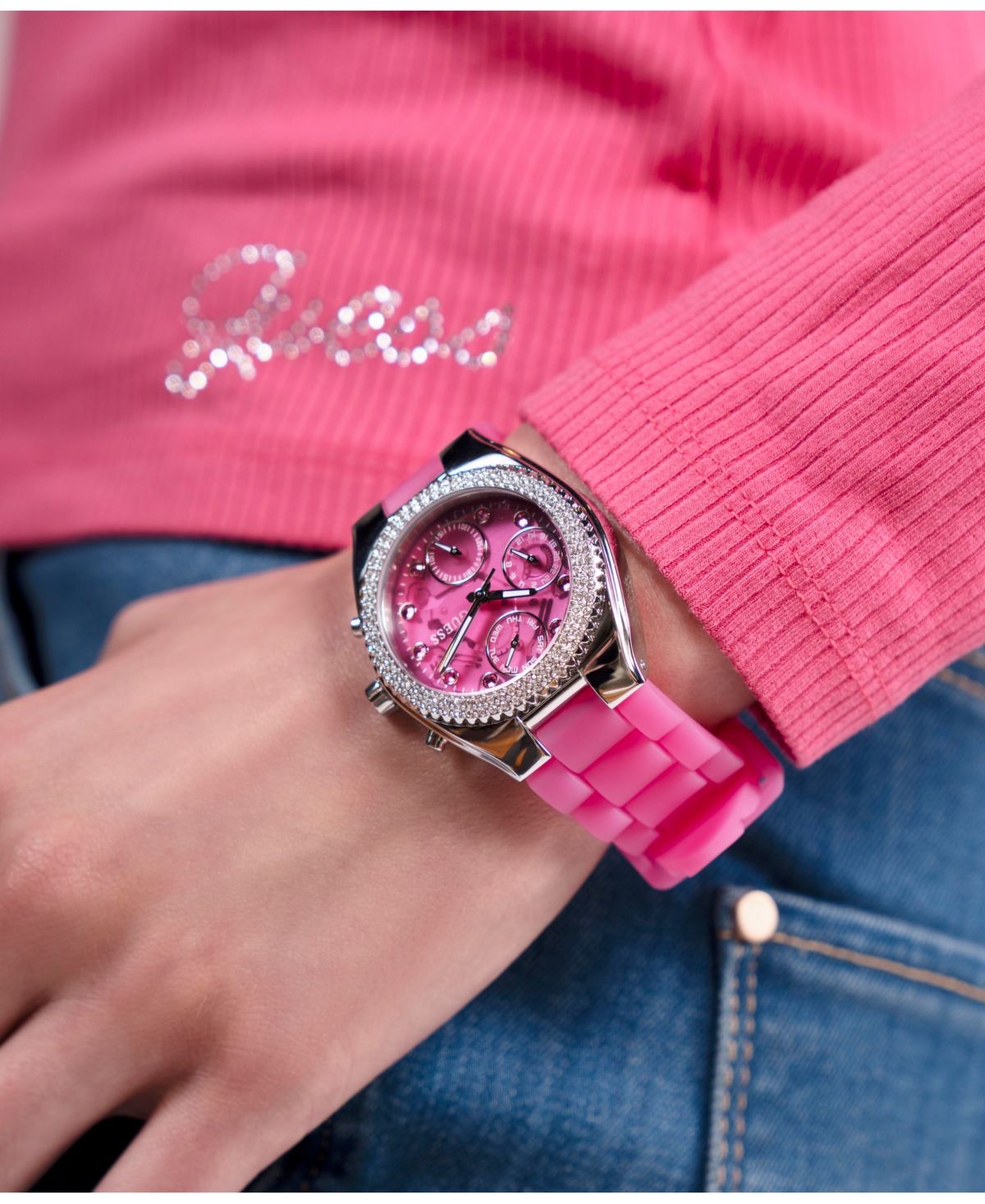 Guess Women's Multi-function Pink Silicone Watch 37mm In Pink